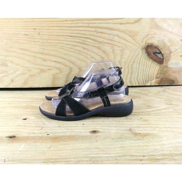 Haflinger Sandals Womens 10 Black Velvet Patent Leather 41 Slingback Wedge - Picture 1 of 8